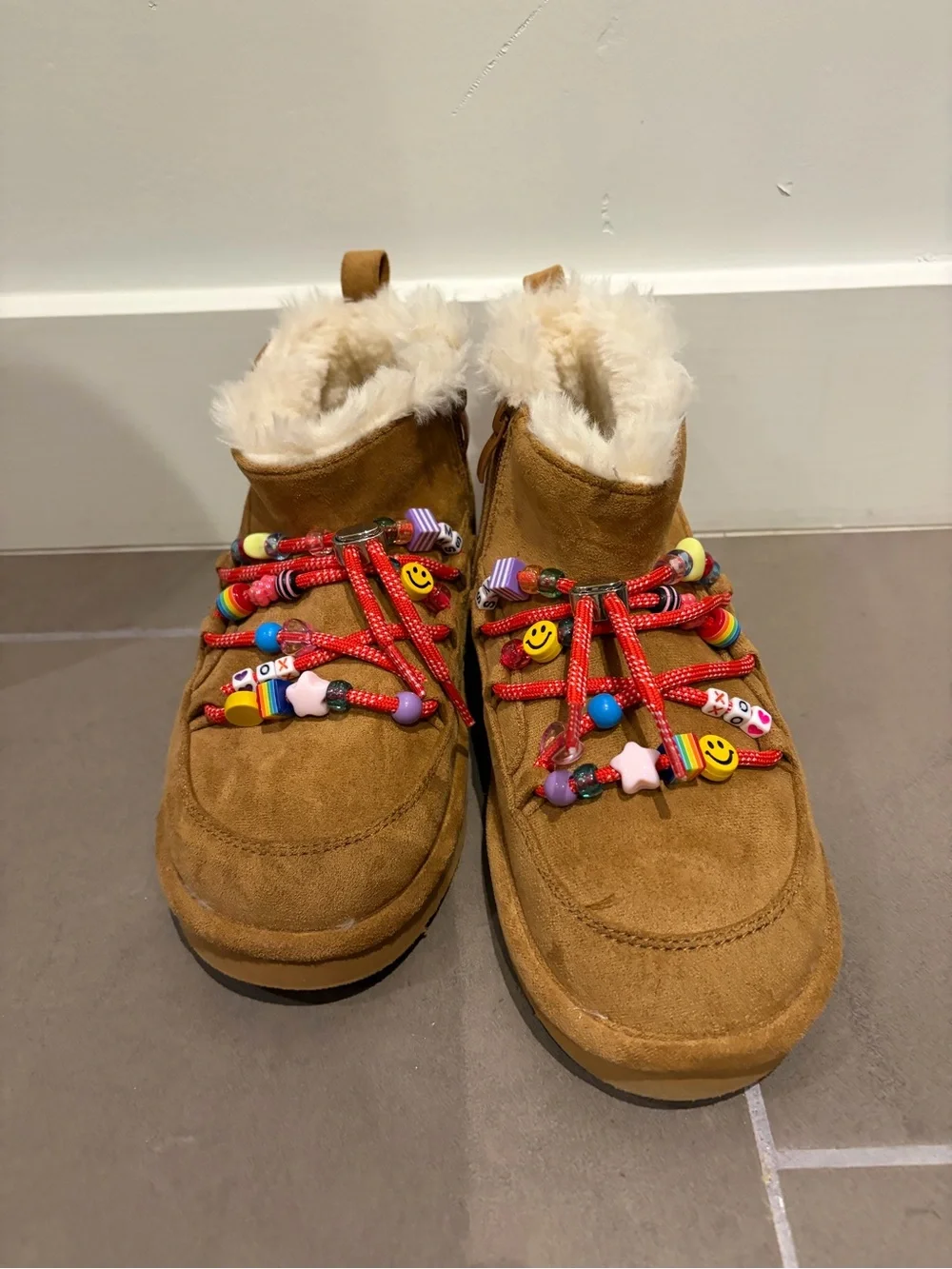 Steve Madden Tan Faux-Fur Ankle Boots with Colorful Beaded Laces